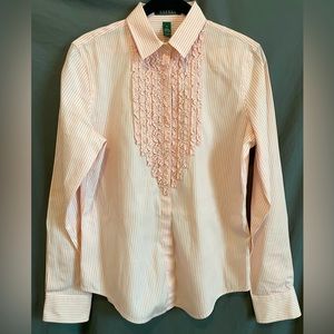 Lauren Ralph Lauren 100% Cotton Ruffle Front Vertical Stripe Women’s Blouse Pink